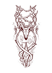 Animal skull with horns, thorny liana and crystals