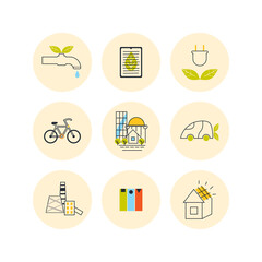 A set of icons about eco-friendly energy and manufacturing in minimalistic style. Vector illustration.
