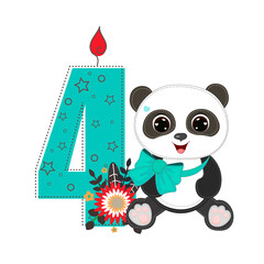 Number four and a cute cartoon panda boy. Perfect for greeting cards, party invitations, posters, stickers, pin, scrapbooking, icons. Birthday concept