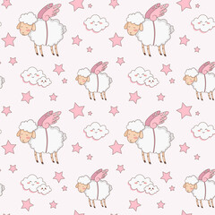 cute seamless baby pattern with sheep and clouds