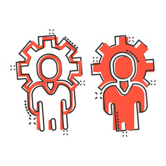 People with gear icon in comic style. Person cogwheel cartoon vector illustration on white isolated background. Teamwork splash effect business concept.