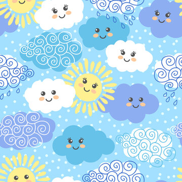 Cute suns and clouds seamless pattern
