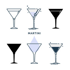 Set of glasses with martini in different styles. Template alcohol beverage for restaurant, bar, pub. Glassware symbol party. Collection one drink. Isolated flat illustration on white background