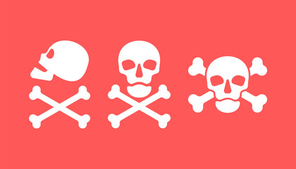 Obraz na płótnie Canvas Human skull in side and full face view and crossbones on red background. Isolated illustration in flat style on a red warning square. Three sign poison and symbol. An image of danger to humans