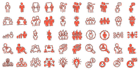 People leadership icon set in comic style. Person cartoon collection vector illustration on white isolated background. User teamwork splash effect business concept.