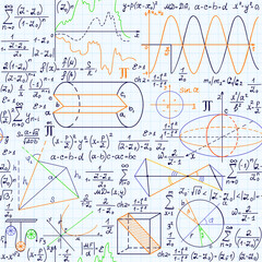 Mathematics vector seamless pattern with geometry figures, equations, formulas, plots and other calculations, handwritten on grid copybook paper, different colors. 