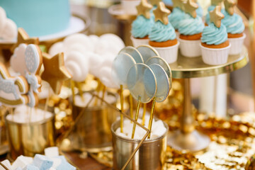 Candy Bar with Sweets. Cake, cookies, lemonade, creamy muffins, fresh berries for celebratory birthday. Candy Bar on the Outdoors.