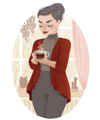 Cozy Cartoon Female Drinking a Hot Drink