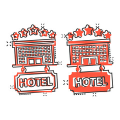 Hotel 5 stars sign icon in comic style. Inn building cartoon vector illustration on white isolated background. Hostel room splash effect business concept.