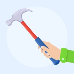 Handyman holds claw hammer in hand. Tool for home repair, construction. Vector illustration