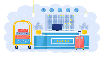 Hotel reception for guest. Desk with computer, luggage cart. Vector illustration