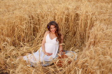 Naklejka na ściany i meble pregnant woman sitting in a field of wheat a picnic