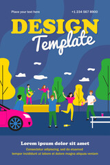 Happy young people having fun at open air concert. Drink, car, singer flat vector illustration. Entertainment and music concept for banner, website design or landing web page