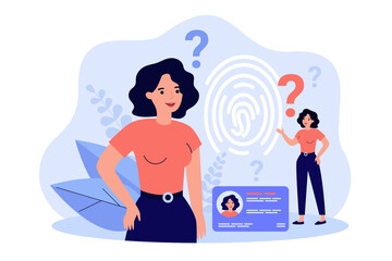 Personal ID and biometric access control. Person using identity office badge and fingerprint scanner for access pass. Vector illustration for safety, identification, authorization concept