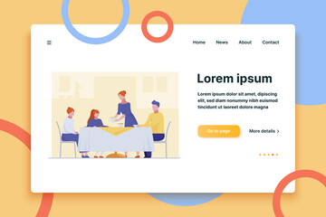 Family having dinner. Dining room, table, teenagers flat vector illustration. Celebration, home, event concept for banner, website design or landing web page