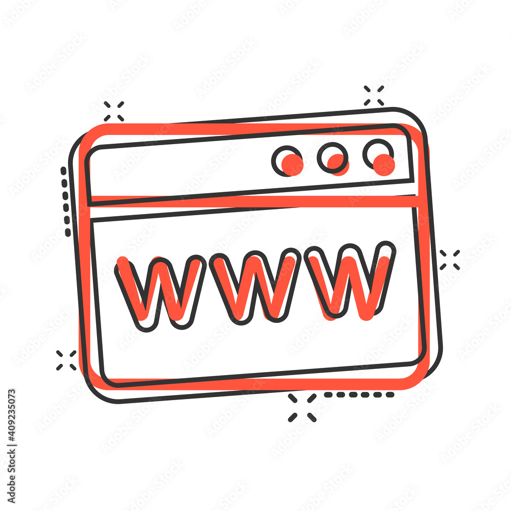 Aufkleber website domain icon in comic style. com internet address cartoon vector illustration on white isolat