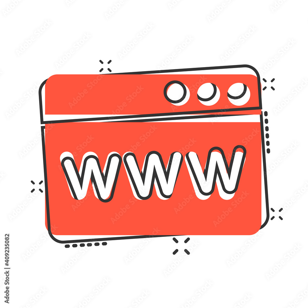 Aufkleber website domain icon in comic style. com internet address cartoon vector illustration on white isolat