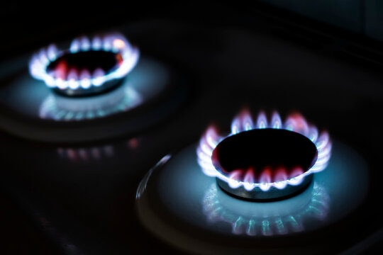 The flame of a burning gas fire on a black background. Burning gas burner in the darkness
