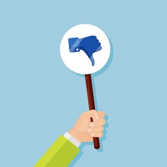 Business man with thumbs down placard. Social media. Bad opinion, dislike. Testimonials, feedback. Vector illustration