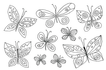 Fototapeta na wymiar Beautiful cartoon butterflies. Vector set . Outline. Coloring book.