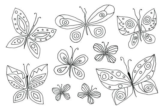 Beautiful cartoon butterflies.  Vector set . Outline. Coloring book.