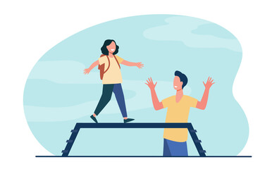 Cheerful father and daughter playing outdoors. Lifestyle, backpack, dad flat vector illustration. Family and game activity concept for banner, website design or landing web page