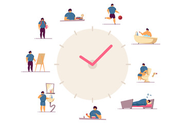 Happy boy daily routine clocks flat vector illustration. Cartoon child schedule from eating breakfast in morning to sleeping at night. Everyday life and health activity, lifestyle concept