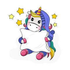 Cute unicorn in pajamas and nightcap hugs a pillow. Vector illustration on white background