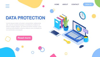 Data protection. Internet security, privacy access with password. Isometric computer, shield, lock. Vector illustration