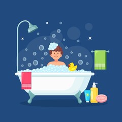 Man taking bath in bathroom with rubber duck. Wash hair, body. Bathtub full of foam with bubbles. Vector illustration