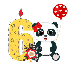 Number six and a cute cartoon panda girl. Perfect for greeting cards, party invitations, posters, stickers, pin, scrapbooking, icons. Birthday concept