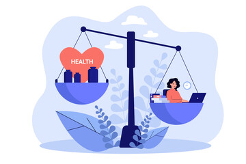Exhausted woman losing healthy life while overworking. Imbalance of work, stress and health on scale. Vector illustration for healthcare, conflict, workaholic of interest concept