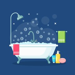 Bath full of foam with bubbles. Bathroom interior. Shower taps, soap, bathtub, shampoo, pink towel. Vector illustration