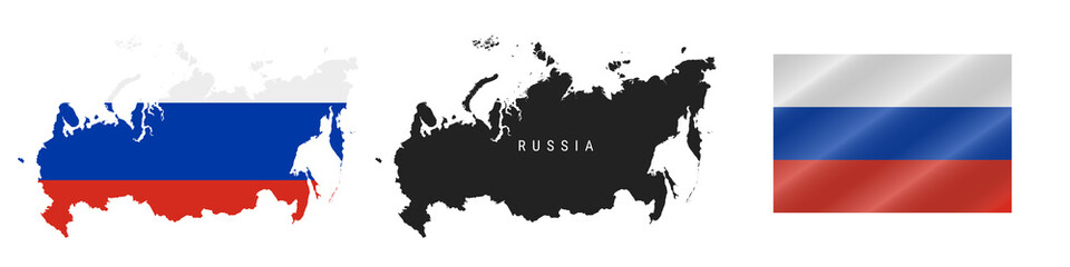 Obraz premium Russia. Map with masked flag. Detailed silhouette. Waving flag. Vector illustration isolated on white.