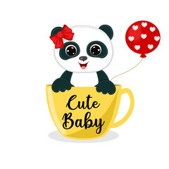 Cute cartoon baby girl panda sitting in the mug. Vector illustration for baby shower, greeting card, party invitation, fashion clothes t-shirt print.
