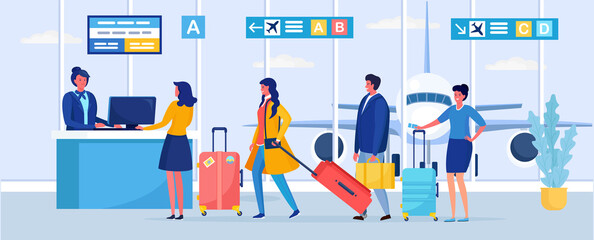 Check in, registration in airport terminal passengers standing in queue at departures gate. Vector illustration