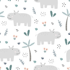 Seamless pattern Cartoon animal background has hippo with trees and flowers Simple design, hand-drawn in children's style, used for Print, wallpapers, decoration, textiles Vector illustration