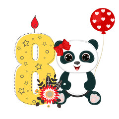 Number eight and a cute cartoon panda girl. Perfect for greeting cards, party invitations, posters, stickers, pin, scrapbooking, icons. Birthday concept