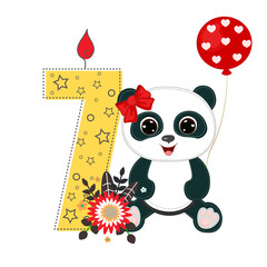 Number seven and a cute cartoon panda girl. Perfect for greeting cards, party invitations, posters, stickers, pin, scrapbooking, icons. Birthday concept