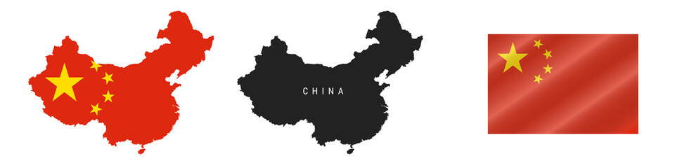 Obraz premium China. Map with masked flag. Detailed silhouette. Waving flag. Vector illustration isolated on white.
