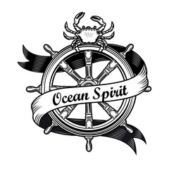 Cruise emblem design. Monochrome element with vintage rudder, crab vector illustration with text on ribbon. Sailing or navigating concept for labels and badges templates