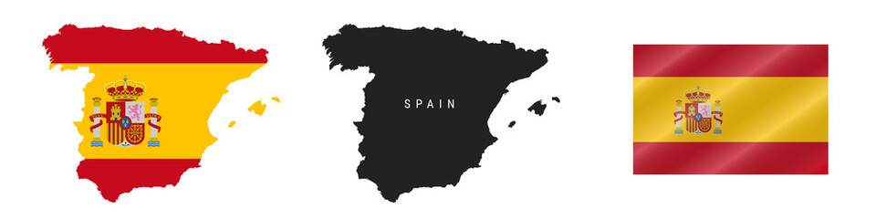 Spain. Map with masked flag. Detailed silhouette. Waving flag. Vector illustration isolated on white.