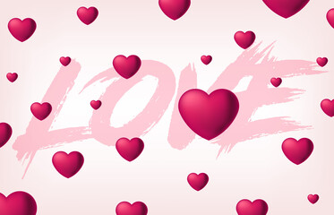 Abstract background to the day of lovers with the inscription love and 3d hearts.  Romantic mood.