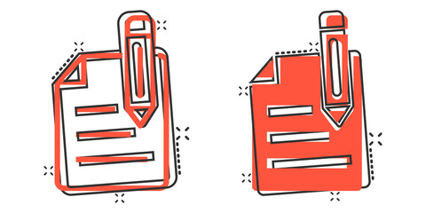 Fototapeta premium Blogging icon in comic style. Document with pen cartoon vector illustration on white isolated background. Content splash effect business concept.