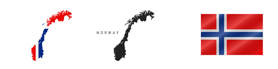 Norway. Map with masked flag. Detailed silhouette. Waving flag. Vector illustration isolated on white.