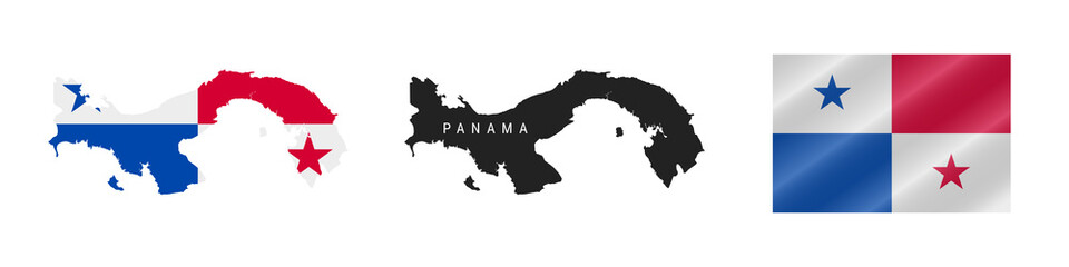 Panama. Map with masked flag. Detailed silhouette. Waving flag. Vector illustration isolated on white.