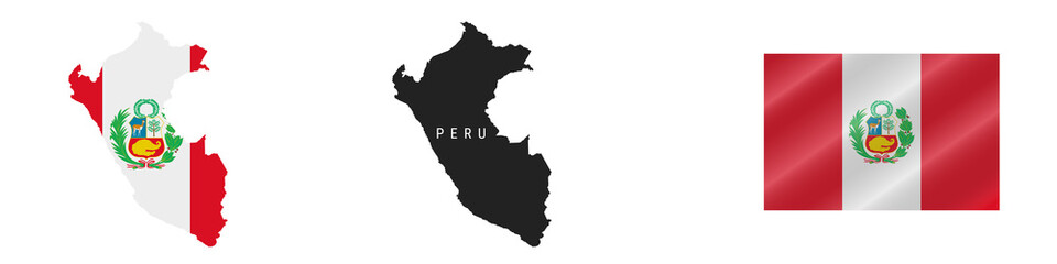 Obraz premium Peru. Map with masked flag. Detailed silhouette. Waving flag. Vector illustration isolated on white.