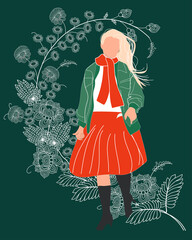 Beautiful blonde woman on the floral background. Red and green colors greeting card. 