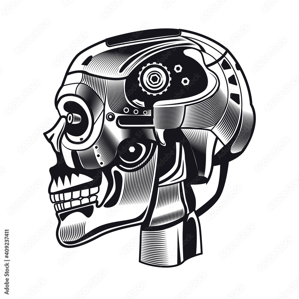 Poster artificial intelligence skull emblem design. monochrome element with robots head vector illustration