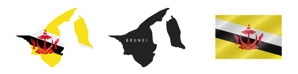 Brunei. Map with masked flag. Detailed silhouette. Waving flag. Vector illustration isolated on white.